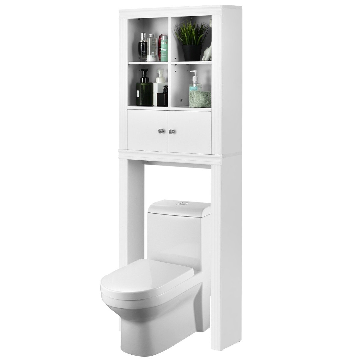 platzsparender-toilettenschrank-hw66183_6_ Aukščiau tualetą stovinti spintelė su 4 atviromis lentynomis ir 2 durelių skyriumi (Balta)