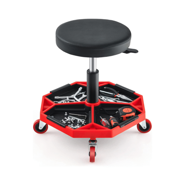 Reguliuojamo aukščio mechaniko vežimėlis su padėklu ir ratukais (Raudona ir juoda)