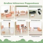 Erdvus medinis kampinis lėlių namelis su 6 kambariais ir priedais (Žalia)