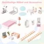 Medinis lėlių namelis su trimis aukštais ir atidaromomis durimis (Rožinė)