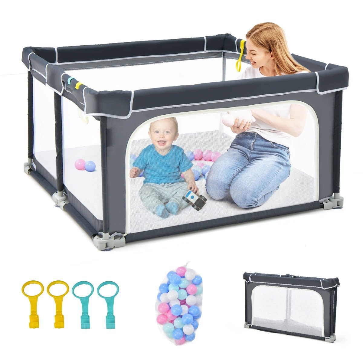 quadratischer-baby-laufstall-uy10032sh-1_11_ Didelis 124x124 cm vaikų žaidimų aptvaras su rankenomis (Tamsiai pilka)