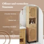 Aukšta rataninė vonios spintelė su durelėmis reguliuojamomis lentynomis ir stalčiumi (Natūrali)