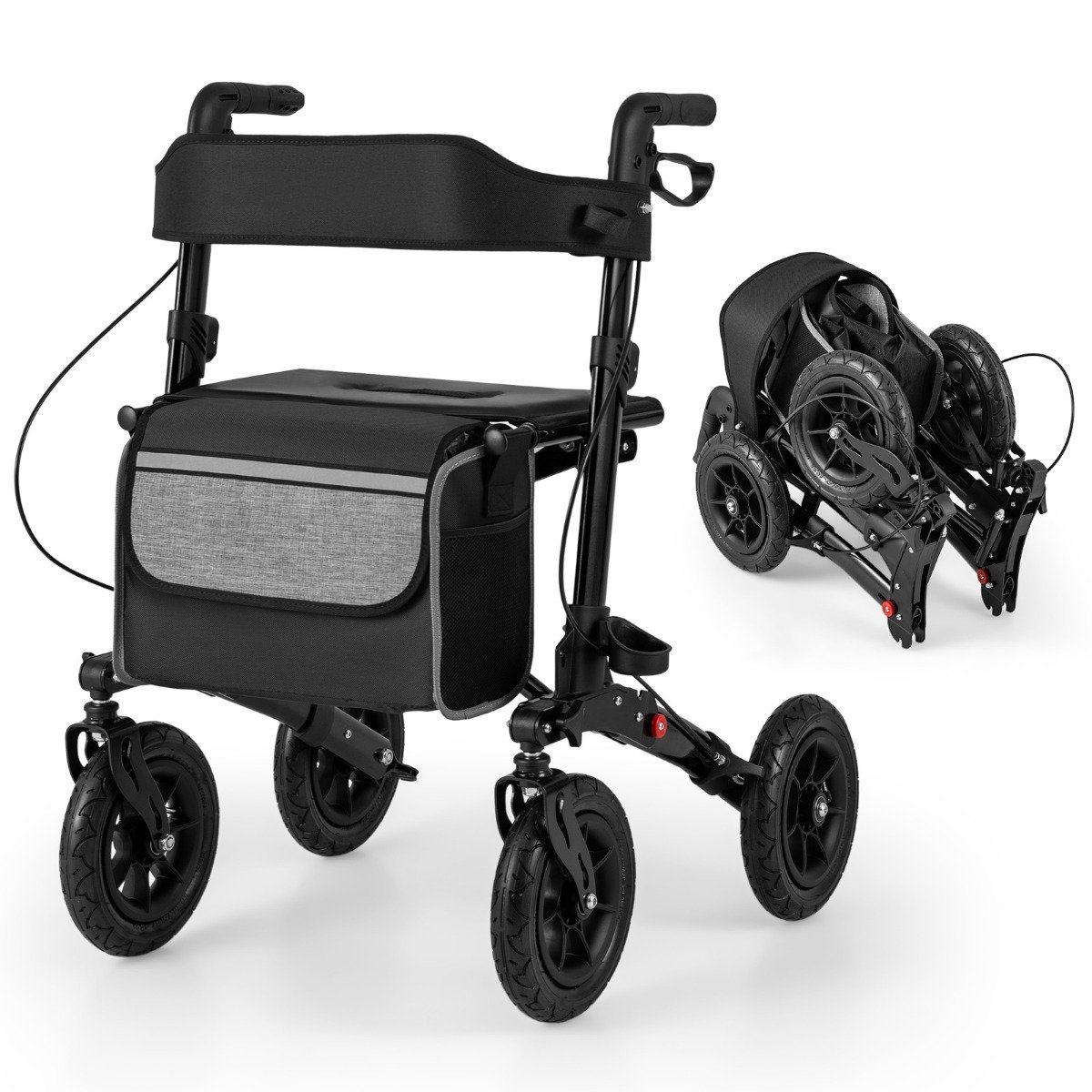 rollator-rollstuhl-13396 Sulankstoma aliumininė suaugusiųjų vaikštynė su sėdyne ir dideliais ratais iki 140 kg (Juoda)