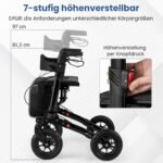 Sulankstoma aliumininė suaugusiųjų vaikštynė su sėdyne ir dideliais ratais iki 140 kg (Juoda)