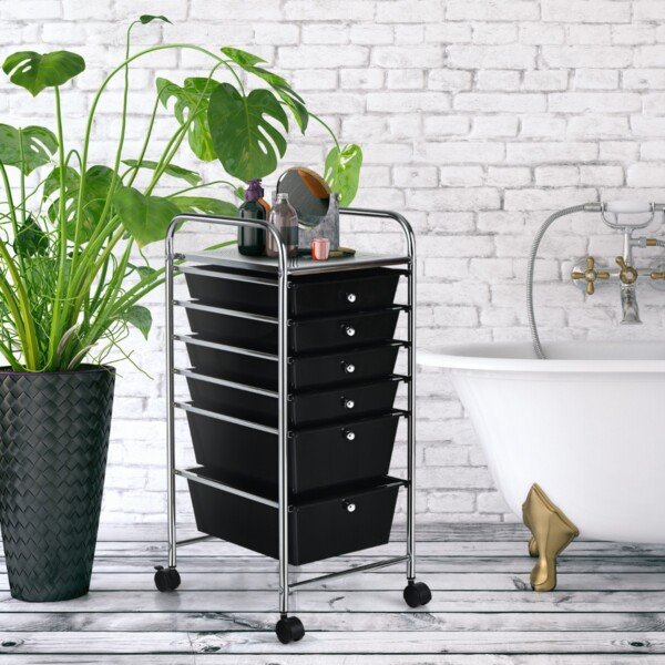 Vežimėlis su 6 stalčiais ir metaliniu rėmu (Juoda)