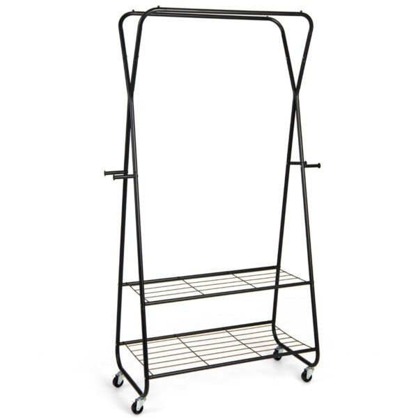 Mobilus drabužių kabyklos stovas su dvejomis pakabinimo sijomis ir dviem lentynomis (Juoda)