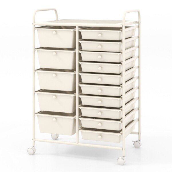 Universalus vežimėlis su 15 stalčių ir metaliniu rėmu (Balta)