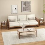 Apvalus dviejų pakopų staliukas su stikliniu stalviršiu ir PE vytelių apdaila (Ruda)