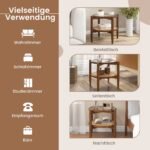 Apvalus dviejų pakopų staliukas su stikliniu stalviršiu ir PE vytelių apdaila (Ruda)