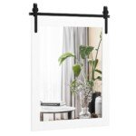 Stačiakampis sieninis veidrodis su mediniu rėmu ir metaliniu laikikliu 76 x 56 cm (Balta)