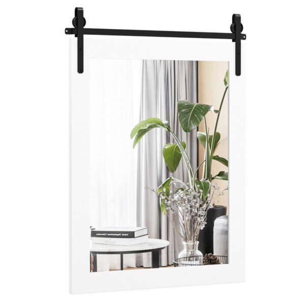 Stačiakampis sieninis veidrodis su mediniu rėmu ir metaliniu laikikliu 76 x 56 cm (Balta)