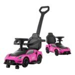 Vaikiškas automobilis su stūmimo rankena ir muzikiniu vairu (Rožinė)