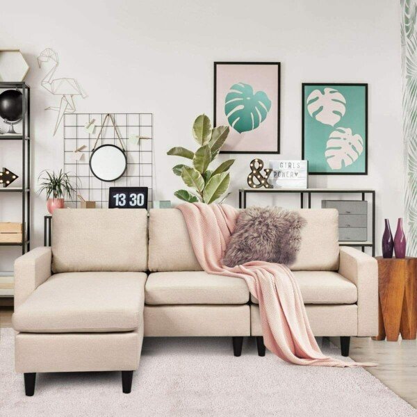 Transformuojama kampinė sofa su atlošo atrama (Smėlio)