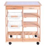Medinis virtuvės vežimėlis su ratukais ir plytelių stalviršiu (Natūrali)