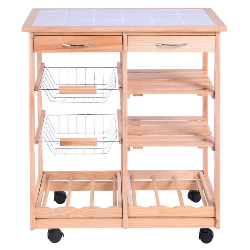 Medinis virtuvės vežimėlis su ratukais ir plytelių stalviršiu (Natūrali)