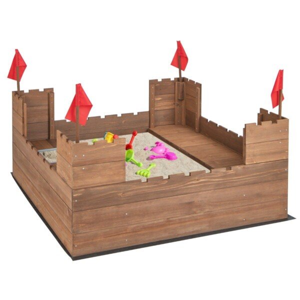 Medinė smėlio dėžė vaikams su laikymo skyreliais ir suoliukais (Įvairiaspalvė)