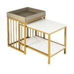 Stalų komplektas „2in1“ su stalviršiu (marmuro imitacija) (Balta)