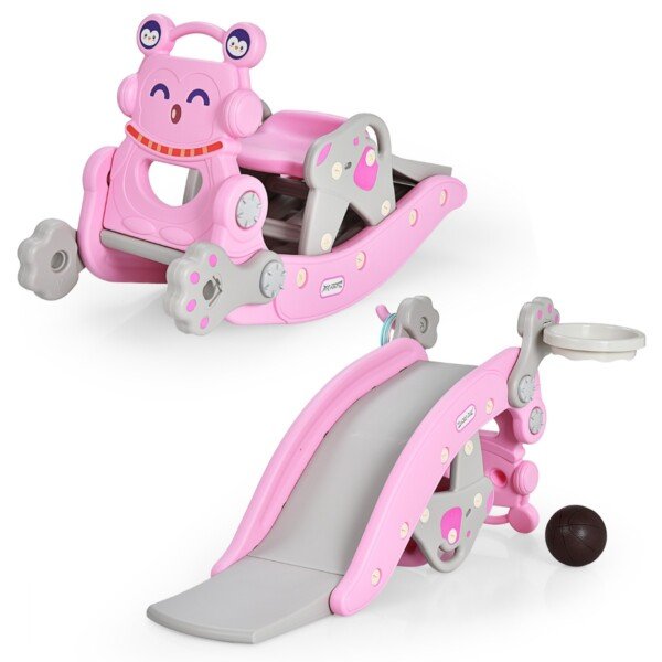 Multifunkcinis vaikiškas arkliukas-čiuožykla su krepšinio lanku (Rožinė)