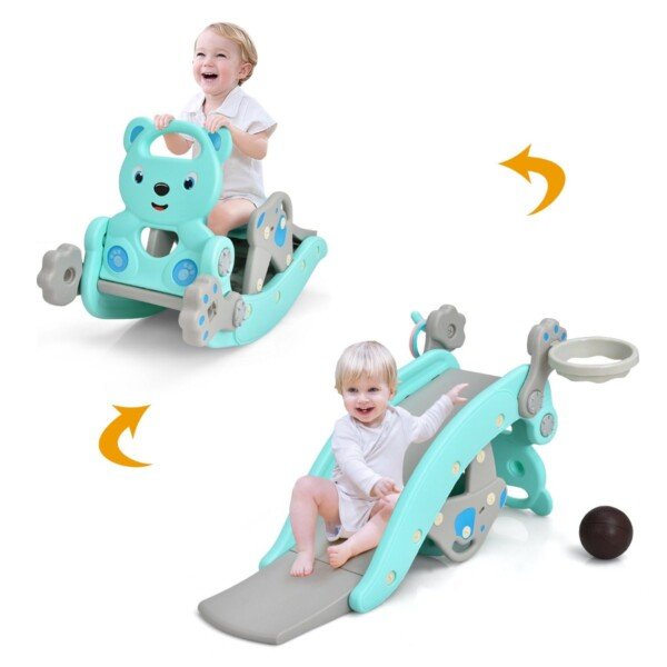 4-in-1 Vaikiška žaidimų aikštelė: Sūpynės čiuožykla krepšinio lankas ir metimo žaidimas (Mėlyna)