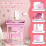 Vaikiškas 2 viename kosmetinis staliukas su kėdute ir LED apšvietimu (Rožinė)