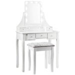 Modernus tualetinis staliukas su veidrodžiu ir pufiku (Balta)