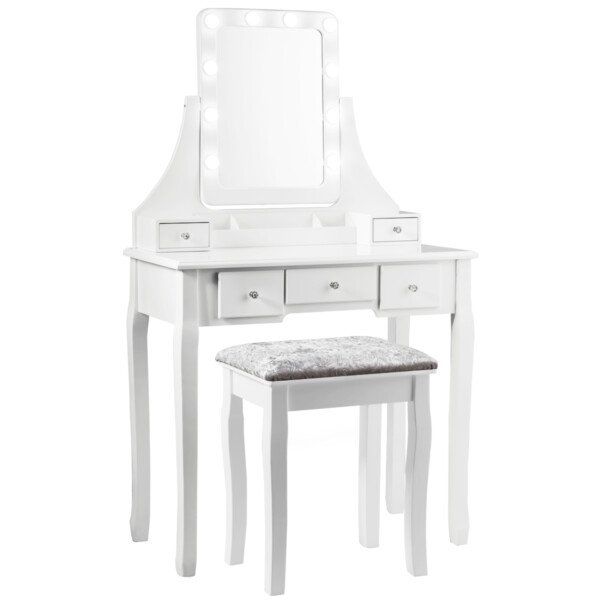 Modernus tualetinis staliukas su veidrodžiu ir pufiku (Balta)