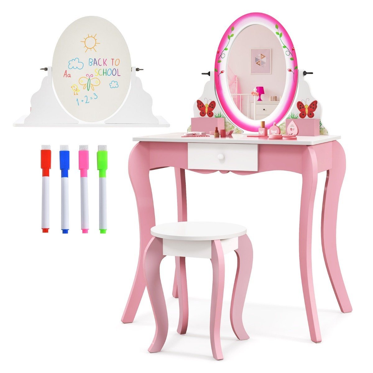 schminktisch-set-frisierkommode-hy10184wh-1_10_ Vaikiškas kosmetinis staliukas ir taburetė (Rožinė)