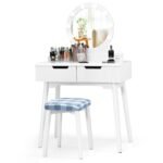 Kompaktiškas kosmetinis staliukas su apšviestu veidrodžiu ir patogia kėdute (Balta)