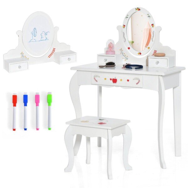 Vaikiškas kosmetinis staliukas su išlankstomu veidrodžiu ir kėdute (Balta)