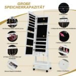 Pastatoma papuošalų spintelė su pilno dydžio veidrodžiu ir LED apšvietimu (Balta)