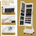 Pastatoma papuošalų spintelė su pilno dydžio veidrodžiu ir LED apšvietimu (Balta)