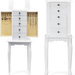 Pastatoma papuošalų spintelė su veidrodžiu ir stalčiais (Balta)