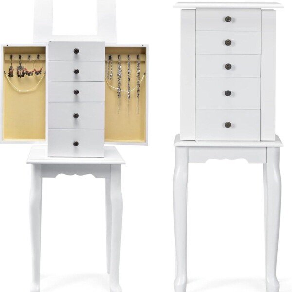 Pastatoma papuošalų spintelė su veidrodžiu ir stalčiais (Balta)