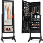 Pastatoma papuošalų spintelė su veidrodžiu ir užraktu (Juoda)