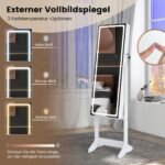 Pastatoma papuošalų spintelė su veidrodžiu ir LED apšvietimu (Balta)