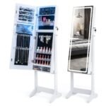 Pastatoma papuošalų spintelė su veidrodžiu ir LED apšvietimu (Balta)