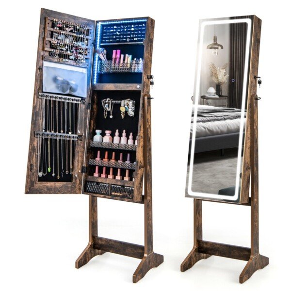 Pastatomas papuošalų stovas su veidrodžiu ir LED apšvietimu (Rudų tonų)