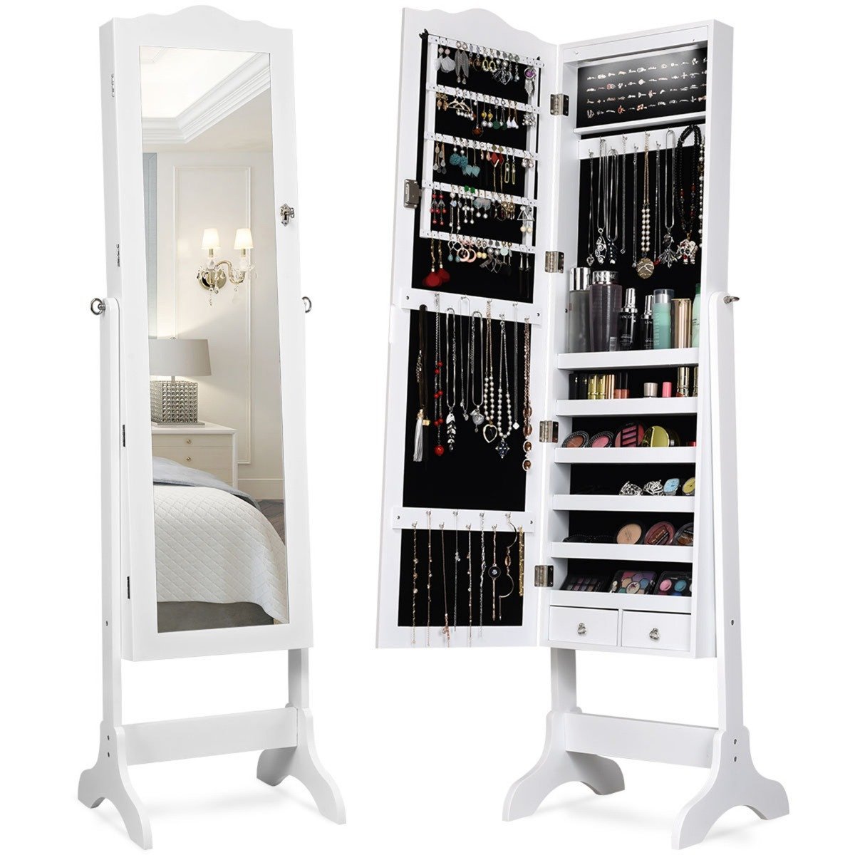 schmuckschrank-schmuck-organizer-hw58852wh_6_ Kompaktiška papuošalų spintelė su viso ilgio veidrodžiu (Balta)