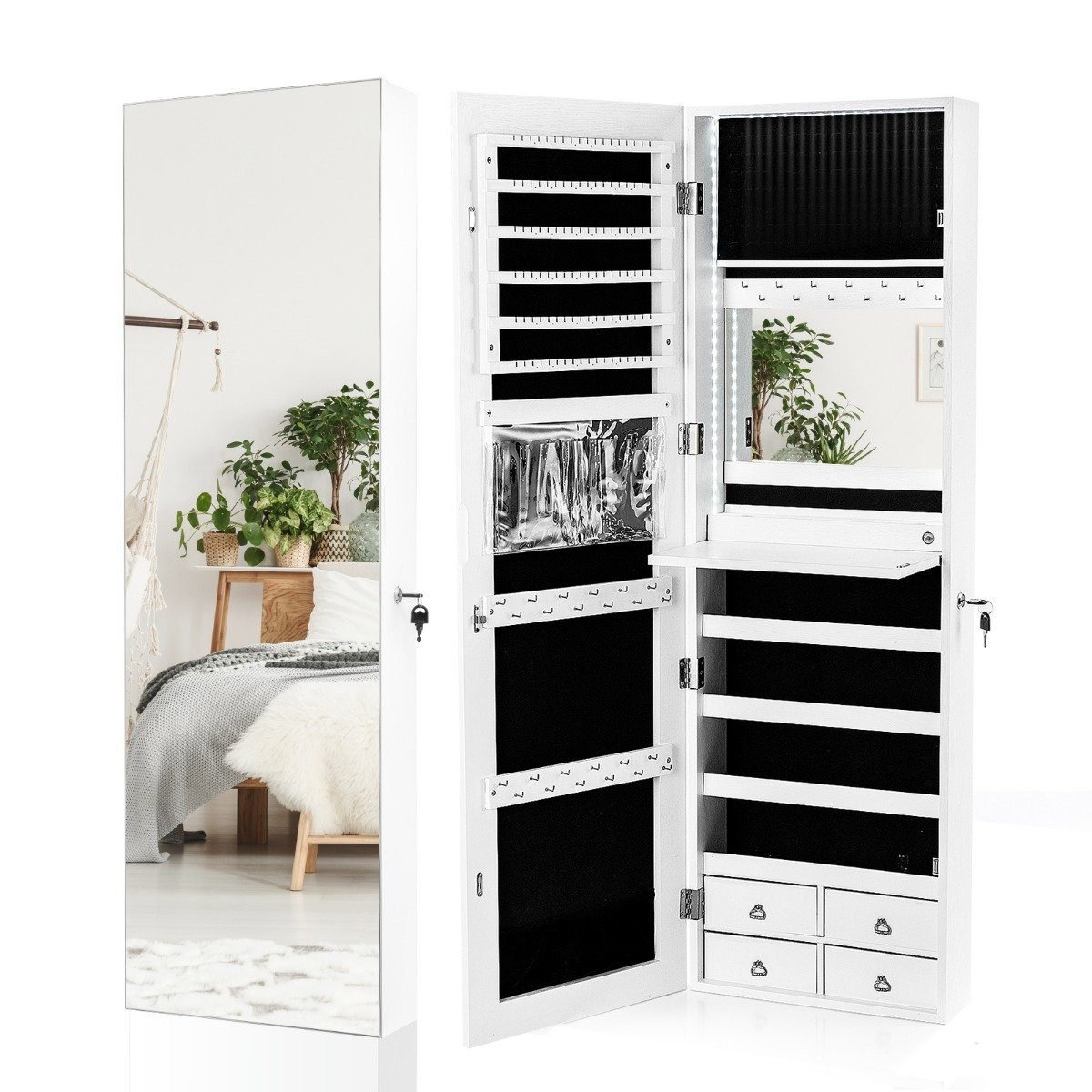 schmuckschrank-schmuckregal-11732_5_ Daugiafunkcė papuošalų spintelė su LED apšvietimu ir viso kūno veidrodžiu (Balta)