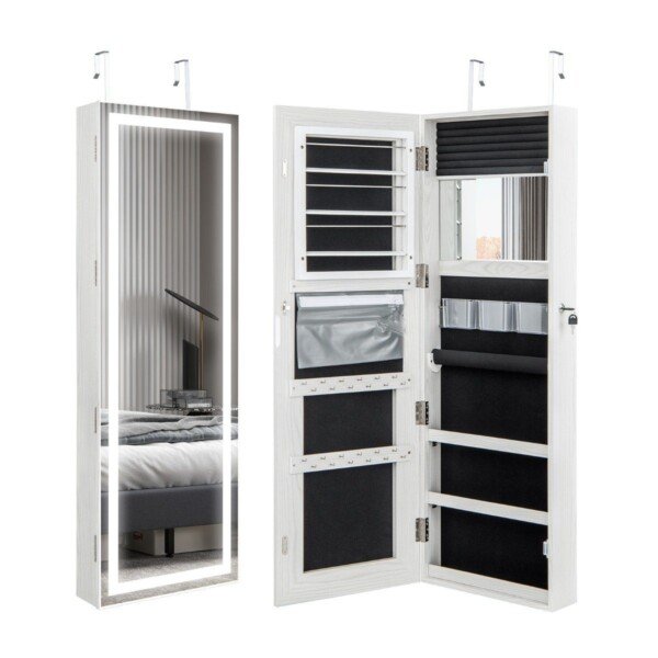 Pakabinama papuošalų spintelė su veidrodžiu ir LED apšvietimu (Balta)