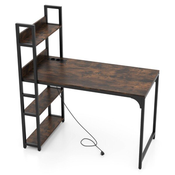 Rašomasis stalas su integruota įkrovimo stotele ir atvira knygų lentyna (Rustic Brown)