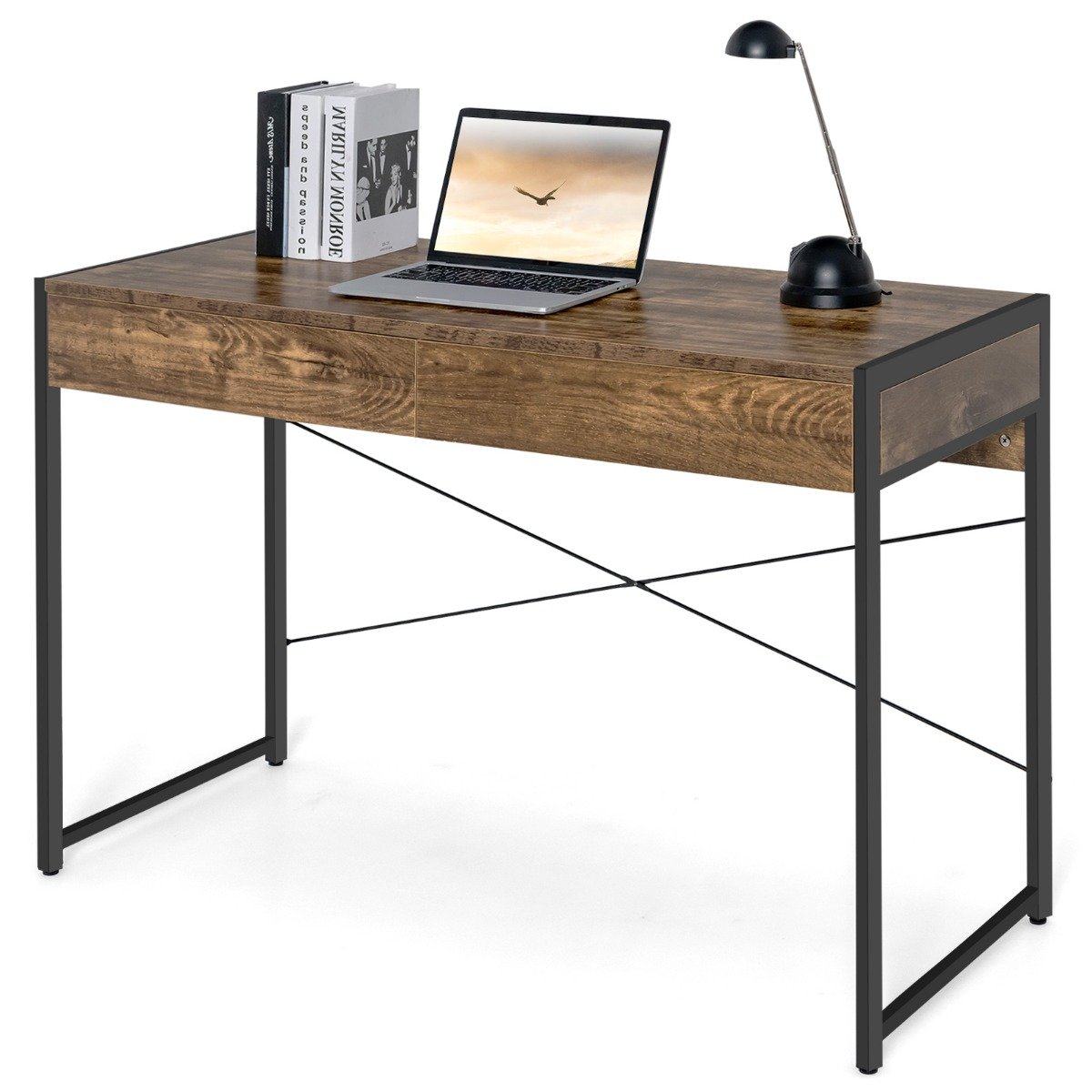 schreibtisch-_computerarbeitsplatz-cb10391cf_2_ Biuro stalas su plieniniu rėmu ir 2 stalčiais 112 x 48 x 76 cm (Ruda)
