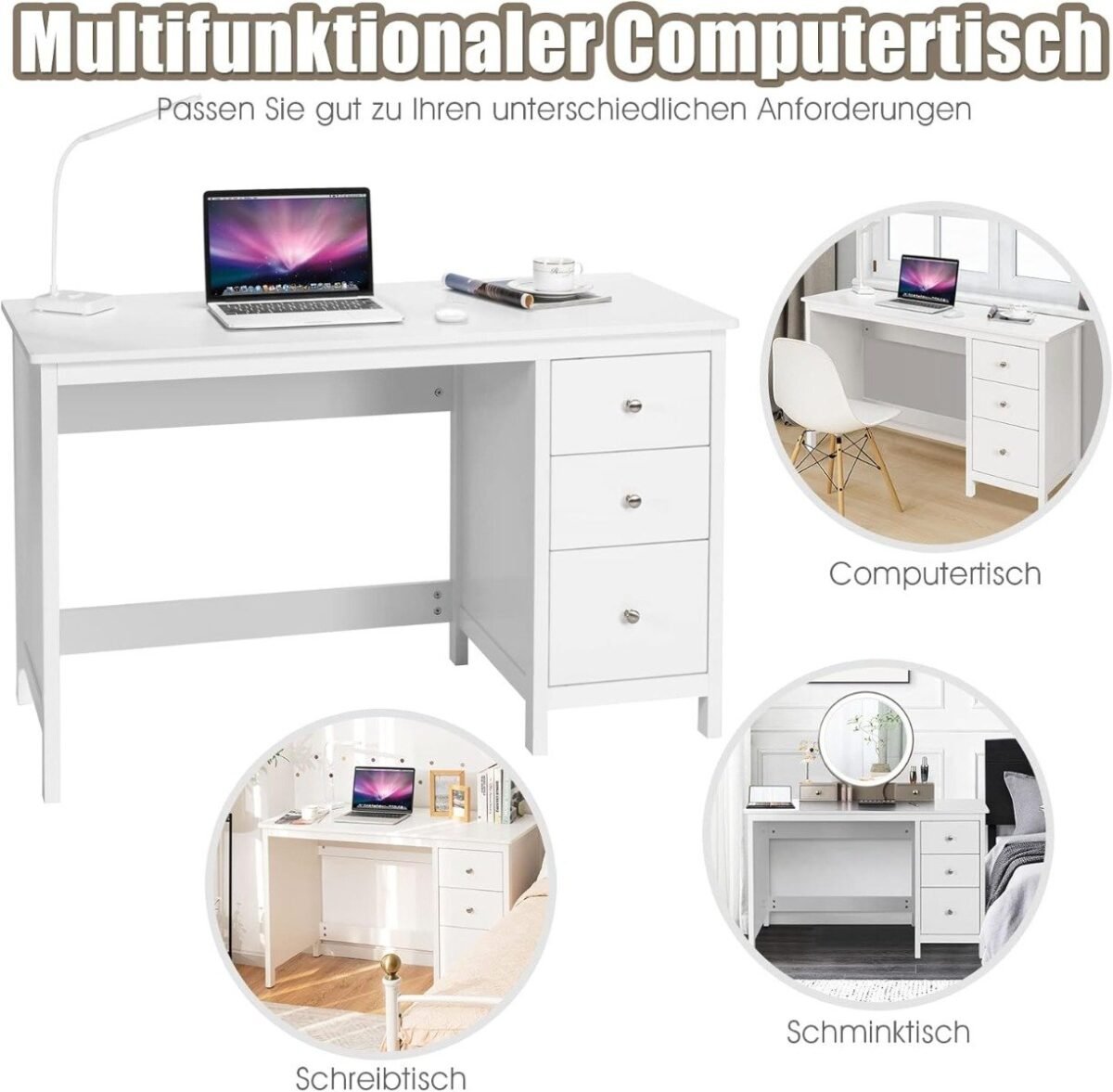 Rašomasis stalas su 3 stalčiais ir apsauga nuo apvirtimo (Balta)