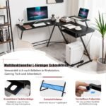 L formos kampinis kompiuterio stalas su ištraukiama klaviatūros lentyna ir monitoriaus pakėlimu (Juoda)