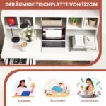 Rašomasis stalas su dviem stalčiais ir penkiomis lentynomis (Balta)