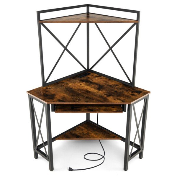 Kampinis rašomasis stalas su integruota įkrovimo stotele (Rustic Brown)