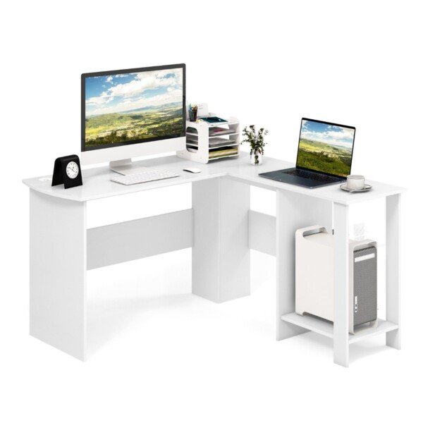 L formos kampinis stalas su laikymo lentynomis (Balta)