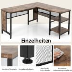 L raidės kampinis rašomasis stalas su lentynomis (Rustiška ruda)