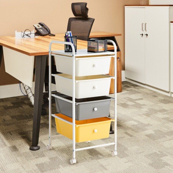 4 stalčių laikymo vežimėlis su ratukais ir stalviršiu (Geltona)