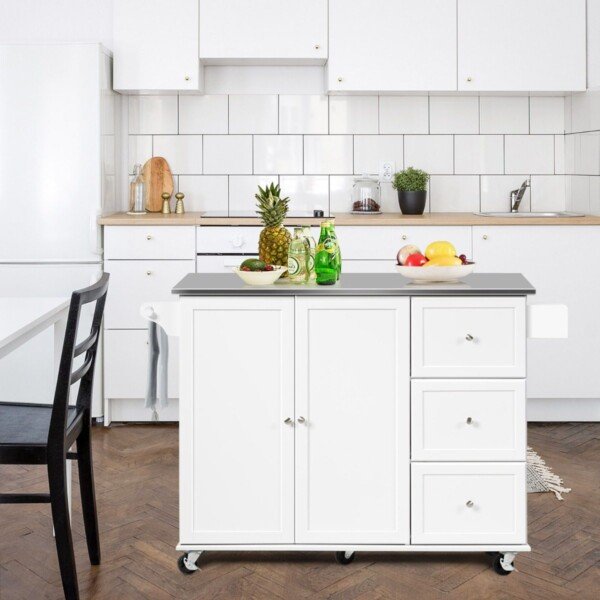 Mobilus virtuvės vežimėlis su nerūdijančio plieno stalviršiu ir trimis stalčiais (Balta)